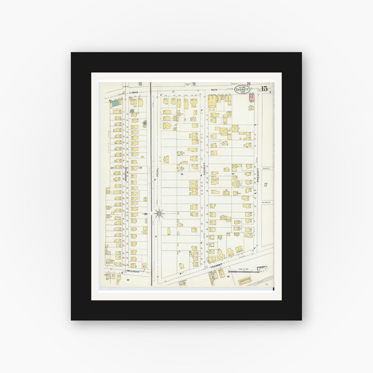 Old map wall art mockup — black gallery frame with white mat — Sanborn Fire Insurance Map from Everett, Middlesex County, Massachusetts (1903), Sheet #0015