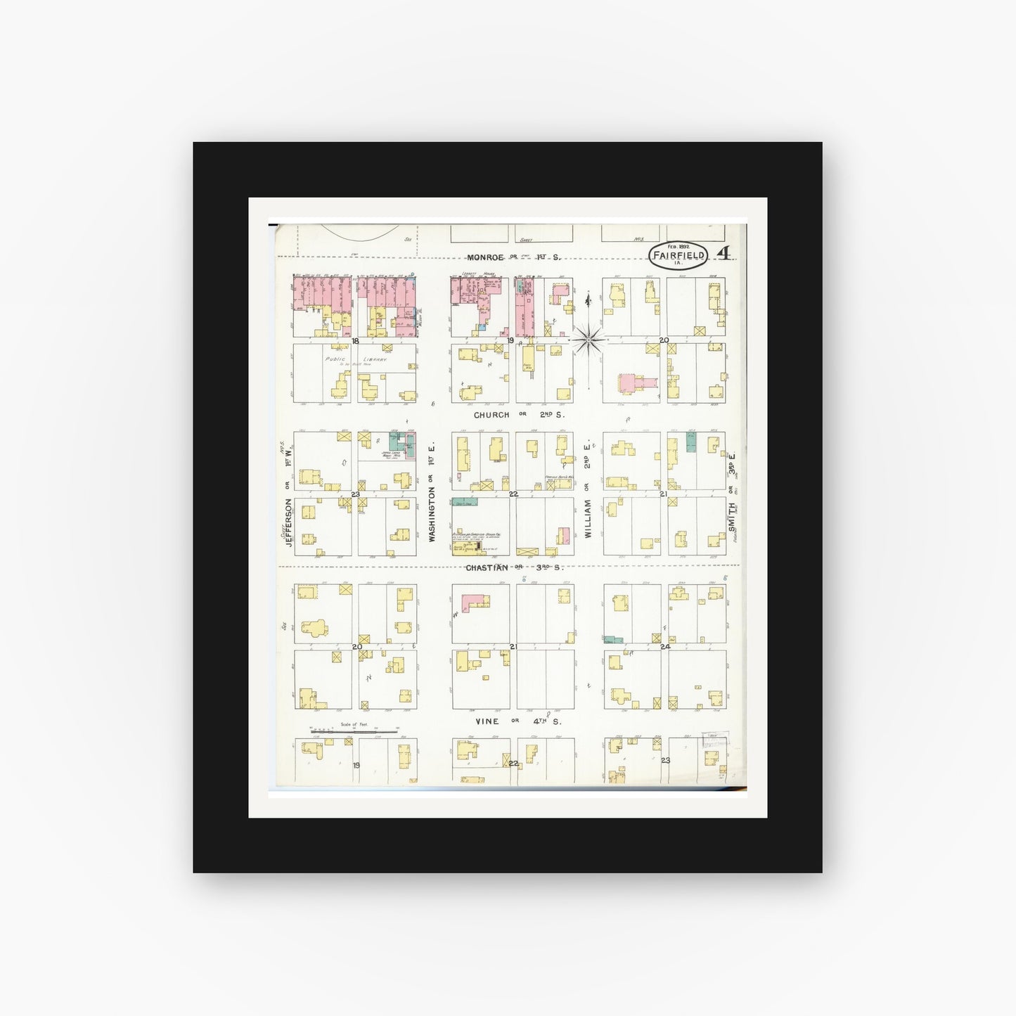 Old map wall art mockup — black gallery frame with white mat — Sanborn Fire Insurance Map from Fairfield, Jefferson County, Iowa (1892), Sheet #0004