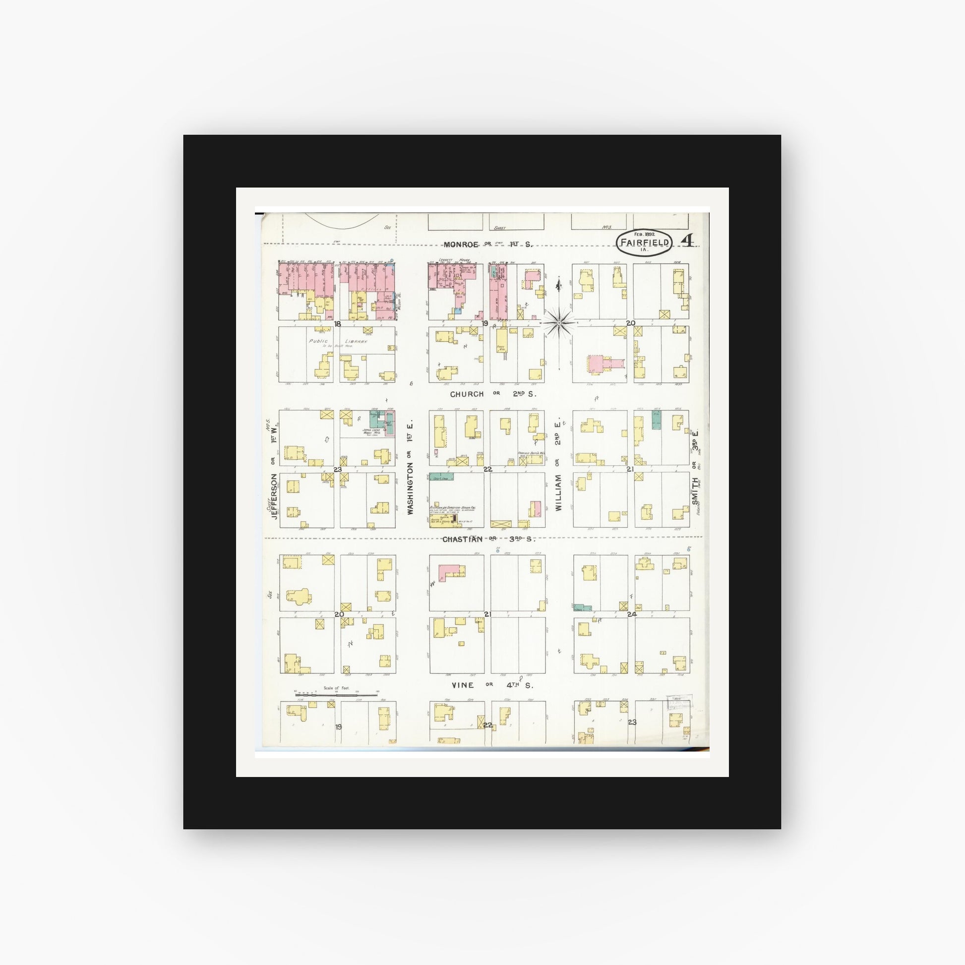 Old map wall art mockup — black gallery frame with white mat — Sanborn Fire Insurance Map from Fairfield, Jefferson County, Iowa (1892), Sheet #0004