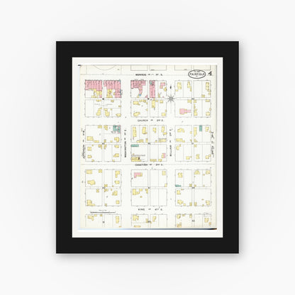 Old map wall art mockup — black gallery frame with white mat — Sanborn Fire Insurance Map from Fairfield, Jefferson County, Iowa (1892), Sheet #0004