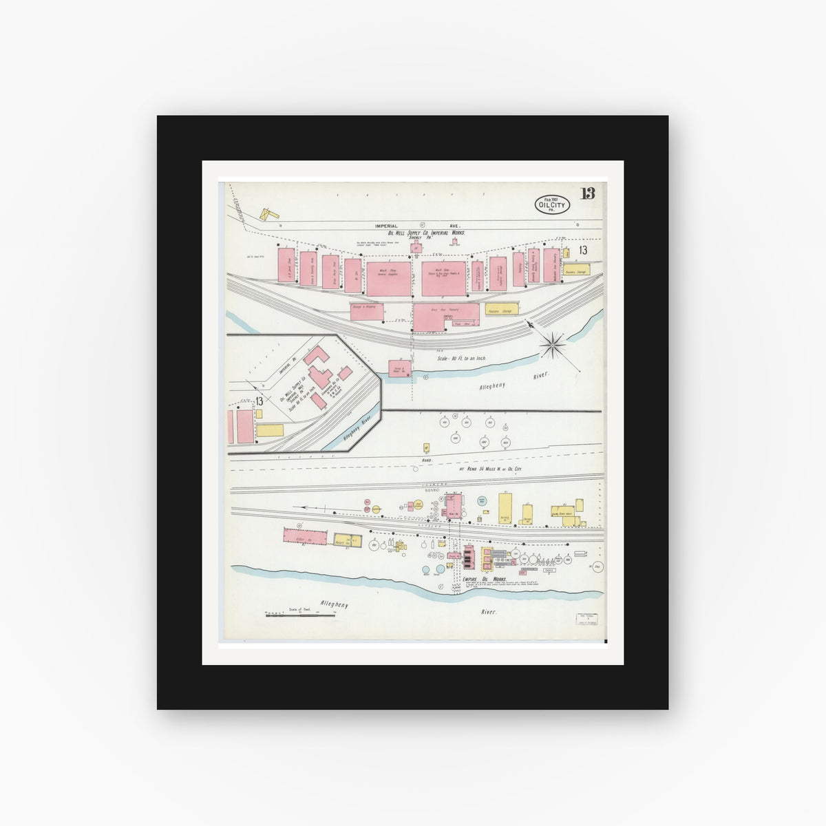 Old map wall art mockup — black gallery frame with white mat — Sanborn Fire Insurance Map from Oil City, Venango County, Pennsylvania (1901), Sheet #0013