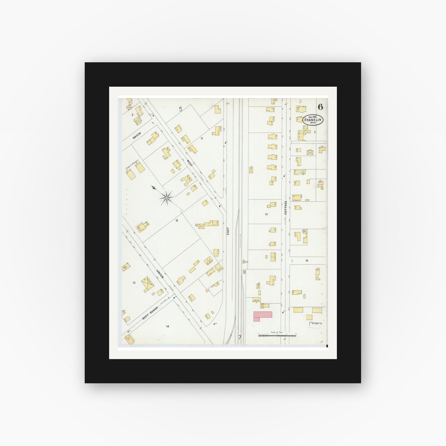 Old map wall art mockup — black gallery frame with white mat — Sanborn Fire Insurance Map from Franklin, Norfolk County, Massachusetts (1899), Sheet #0006