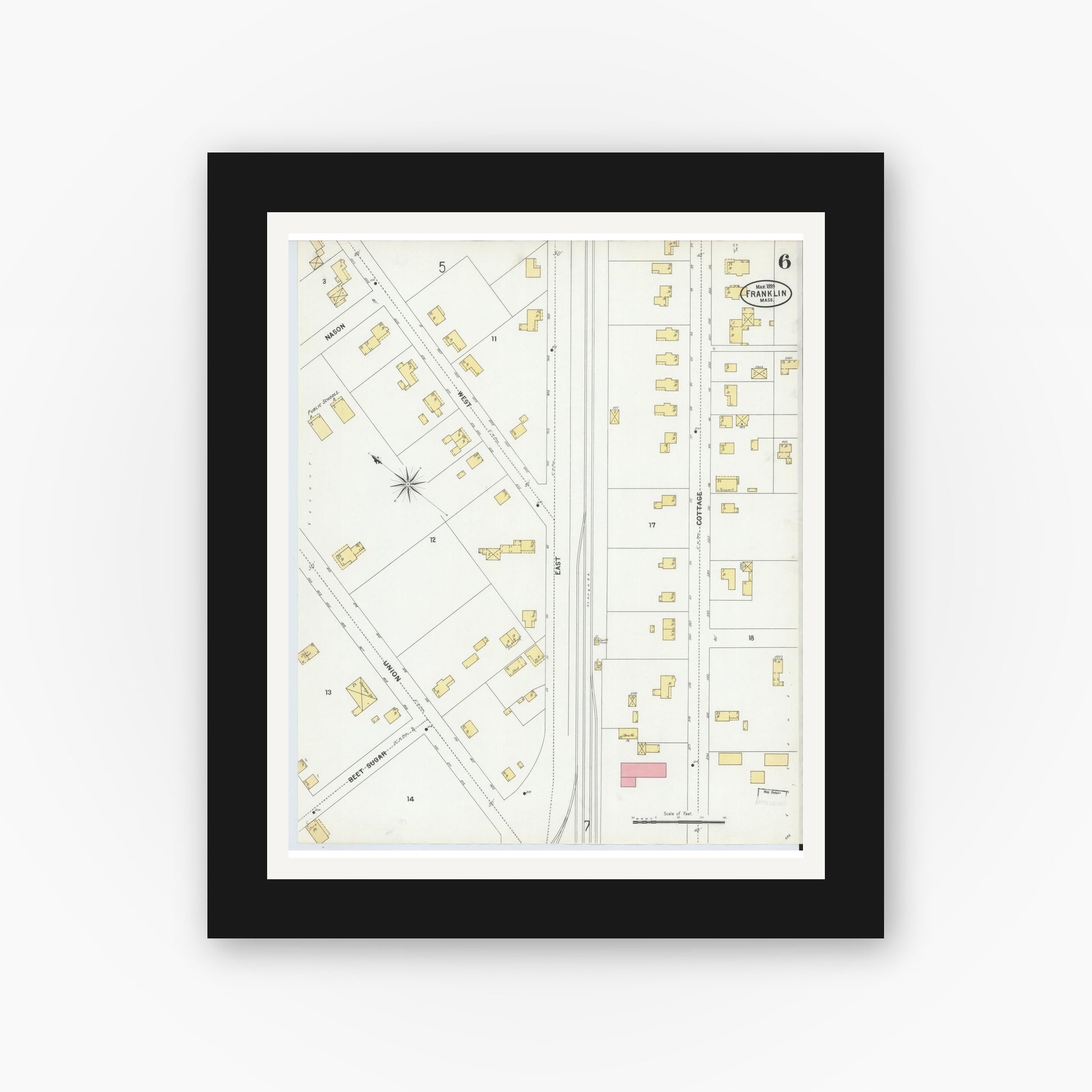 Old map wall art mockup — black gallery frame with white mat — Sanborn Fire Insurance Map from Franklin, Norfolk County, Massachusetts (1899), Sheet #0006