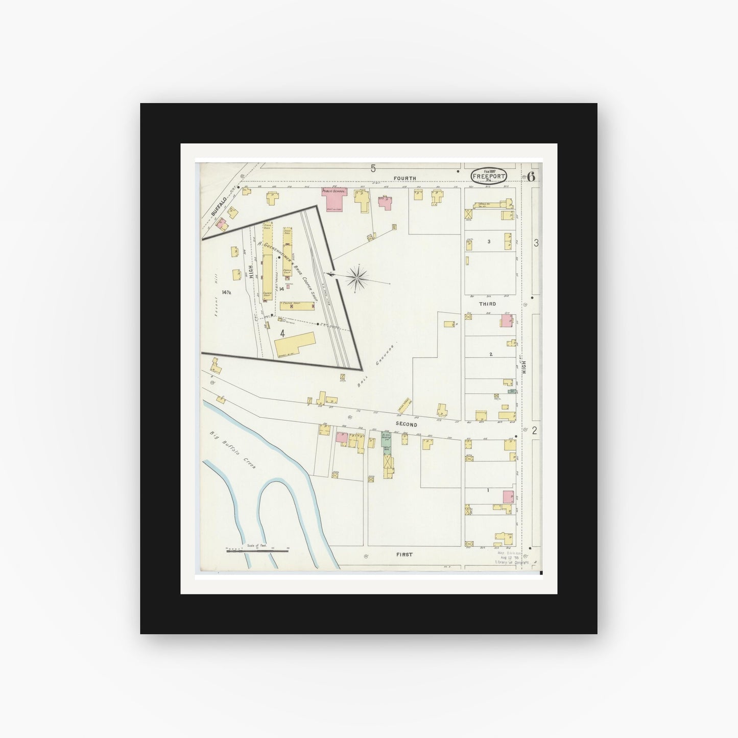 Old map wall art mockup — black gallery frame with white mat — Sanborn Fire Insurance Map from Freeport, Armstrong County, Pennsylvania (1897), Sheet #0006