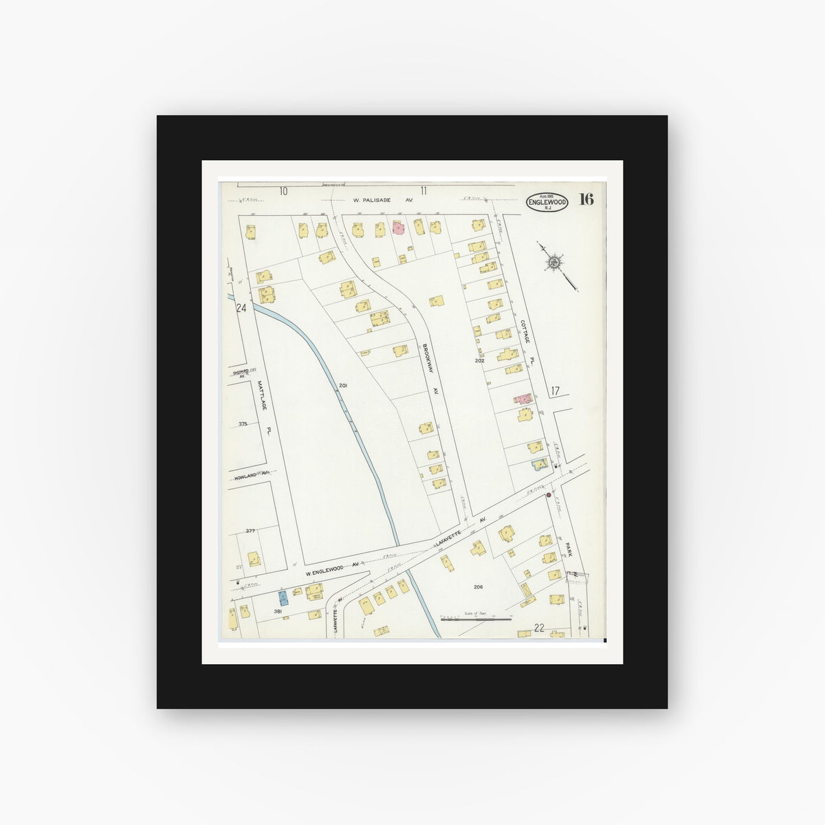 Old map wall art mockup — black gallery frame with white mat — Sanborn Fire Insurance Map from Englewood, Bergen County, New Jersey (1915), Sheet #0016