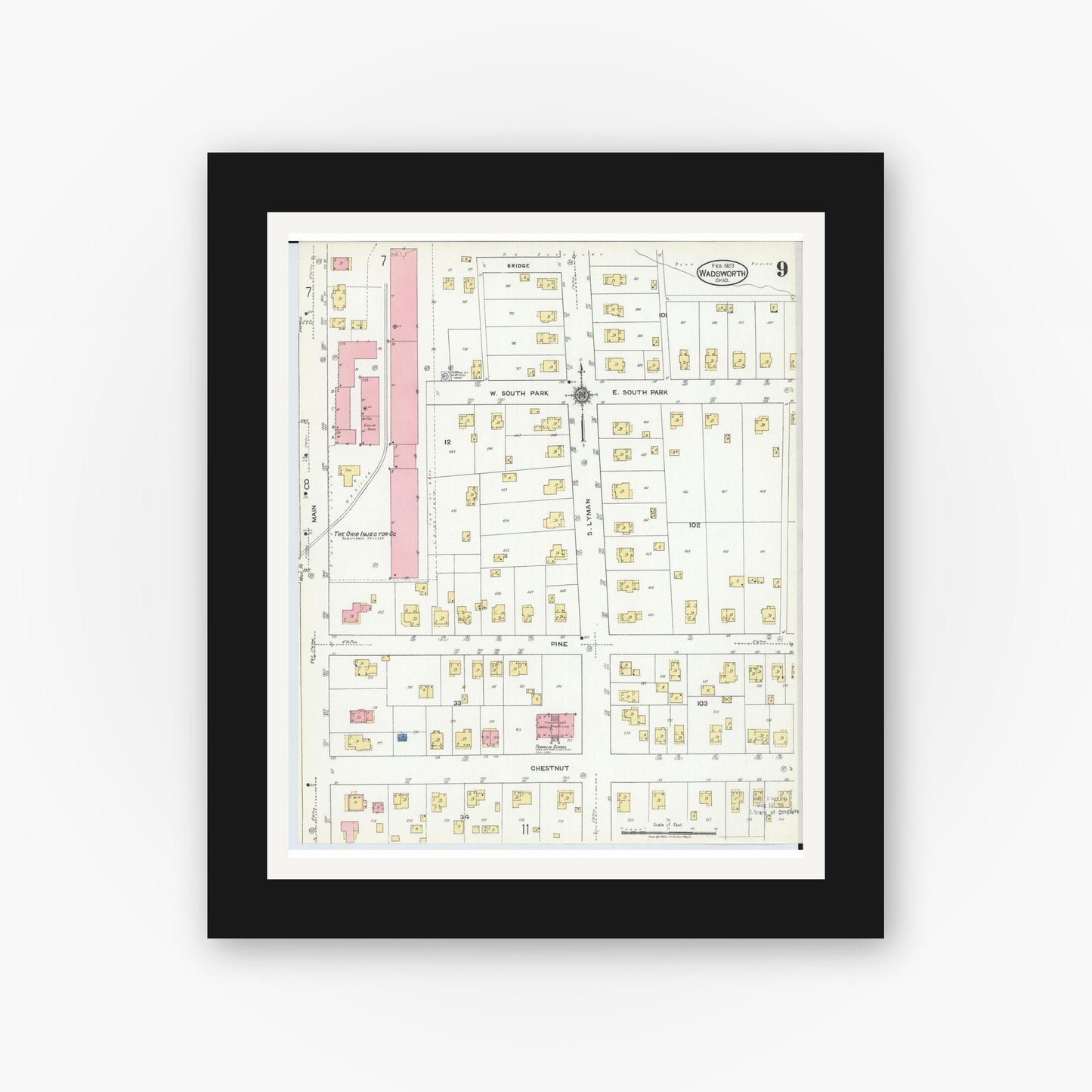 Old map wall art mockup — black gallery frame with white mat — Sanborn Fire Insurance Map from Wadsworth, Medina County, Ohio (1923), Sheet #0009