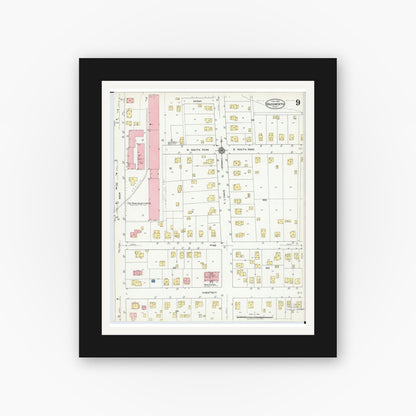 Old map wall art mockup — black gallery frame with white mat — Sanborn Fire Insurance Map from Wadsworth, Medina County, Ohio (1923), Sheet #0009