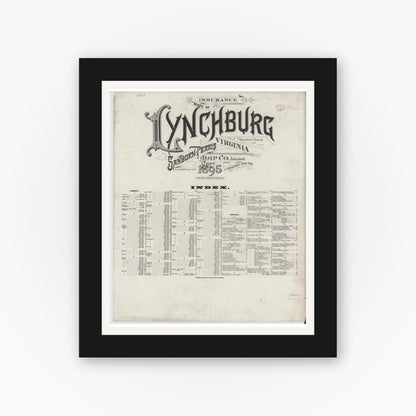 Old map wall art mockup — black gallery frame with white mat — Sanborn Fire Insurance Map from Lynchburg, Independent Cities, Virginia (1895), Sheet #0001