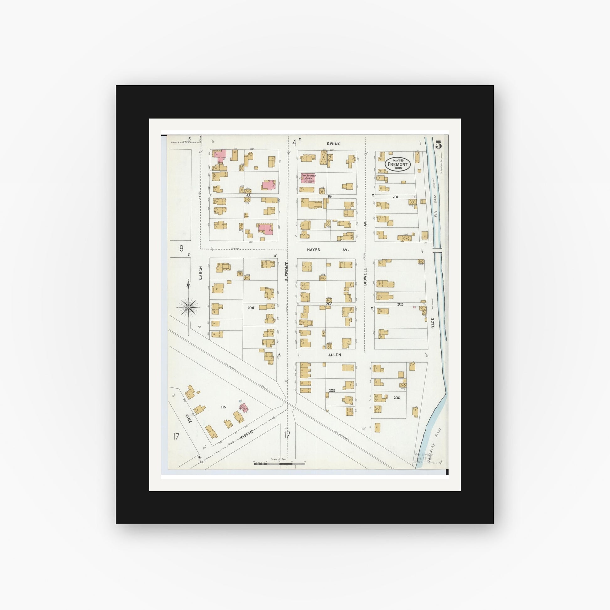 Old map wall art mockup — black gallery frame with white mat — Sanborn Fire Insurance Map from Fremont, Sandusky County, Ohio (1899), Sheet #0005