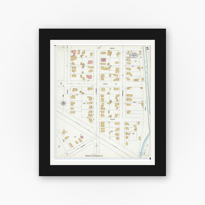 Old map wall art mockup — black gallery frame with white mat — Sanborn Fire Insurance Map from Fremont, Sandusky County, Ohio (1899), Sheet #0005