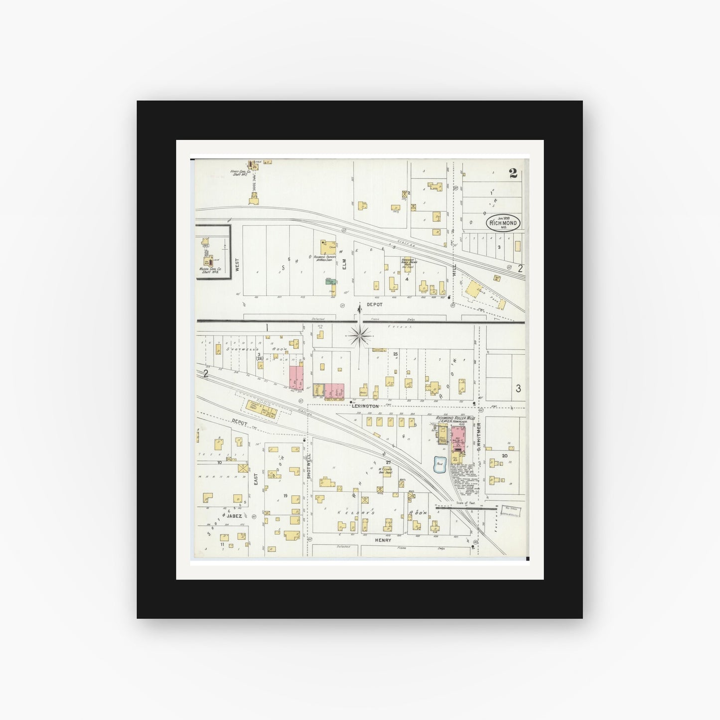 Old map wall art mockup — black gallery frame with white mat — Sanborn Fire Insurance Map from Richmond, Ray County, Missouri (1899), Sheet #0002