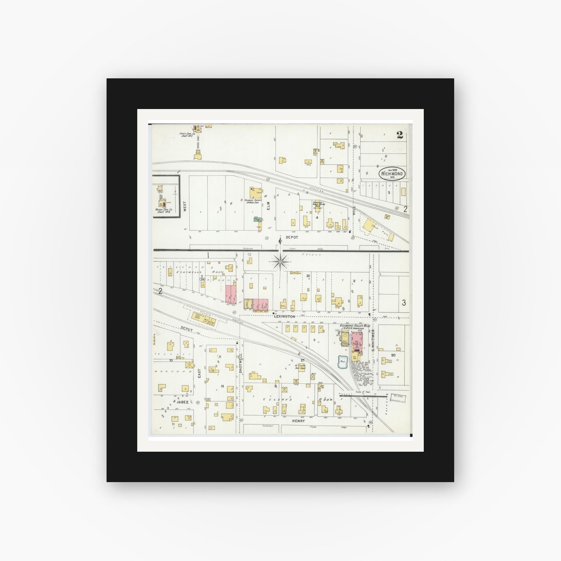 Old map wall art mockup — black gallery frame with white mat — Sanborn Fire Insurance Map from Richmond, Ray County, Missouri (1899), Sheet #0002