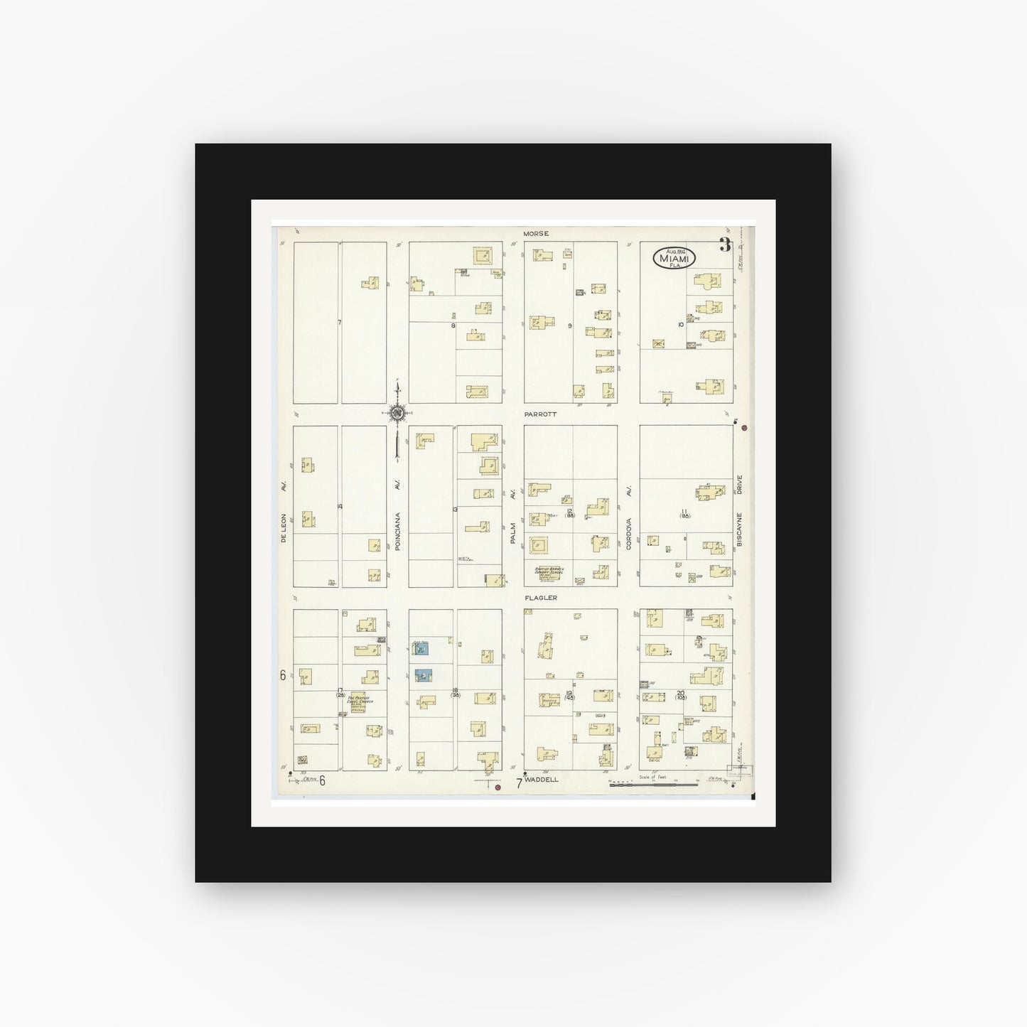 Old map wall art mockup — black gallery frame with white mat — Sanborn Fire Insurance Map from Miami, Dade County, Florida (1914), Sheet #0003