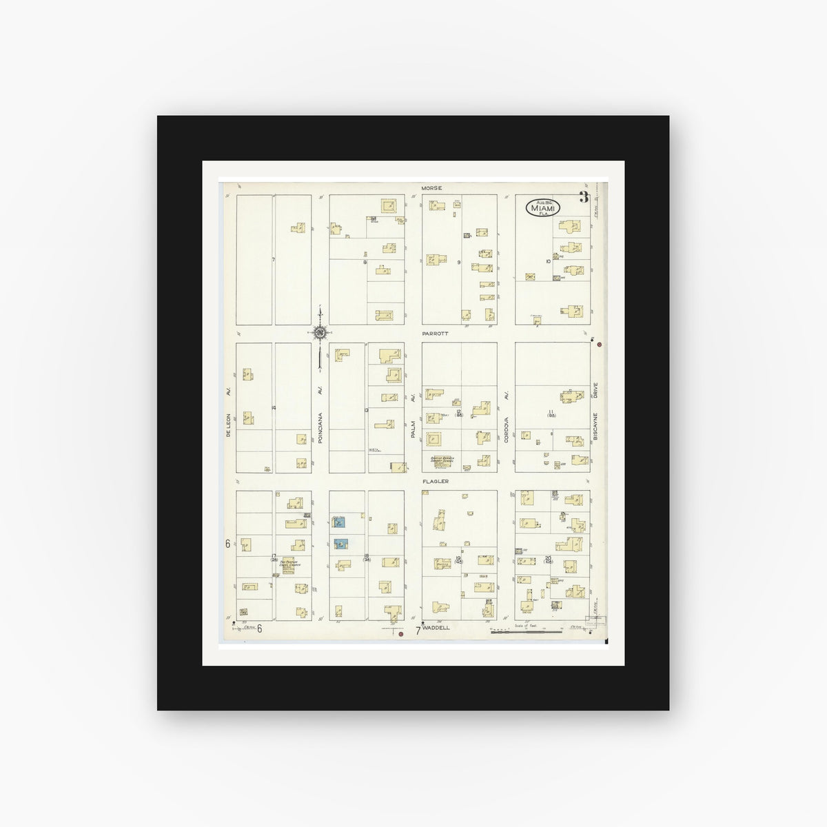 Old map wall art mockup — black gallery frame with white mat — Sanborn Fire Insurance Map from Miami, Dade County, Florida (1914), Sheet #0003