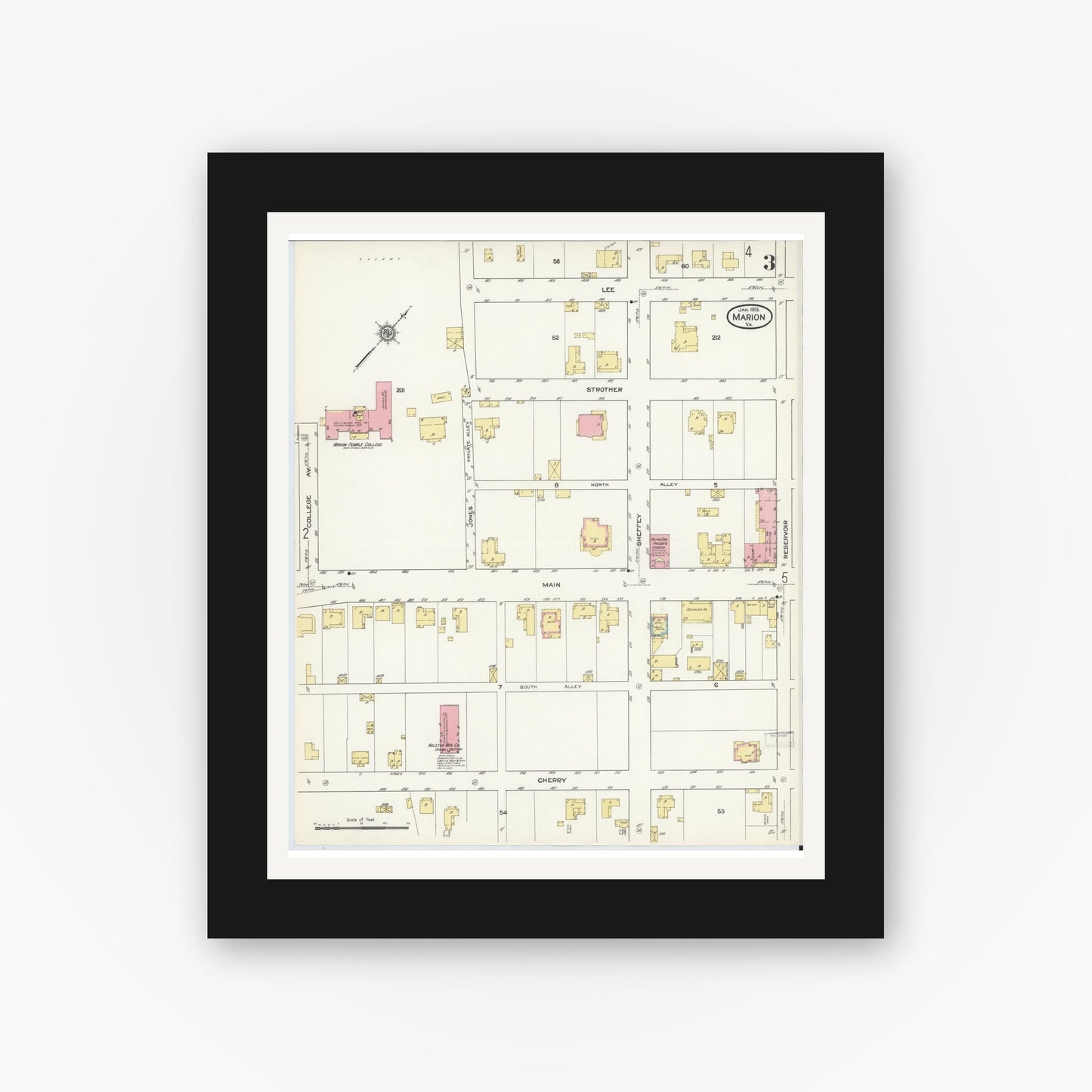 Old map wall art mockup — black gallery frame with white mat — Sanborn Fire Insurance Map from Marion, Smyth County, Virginia (1913), Sheet #0003