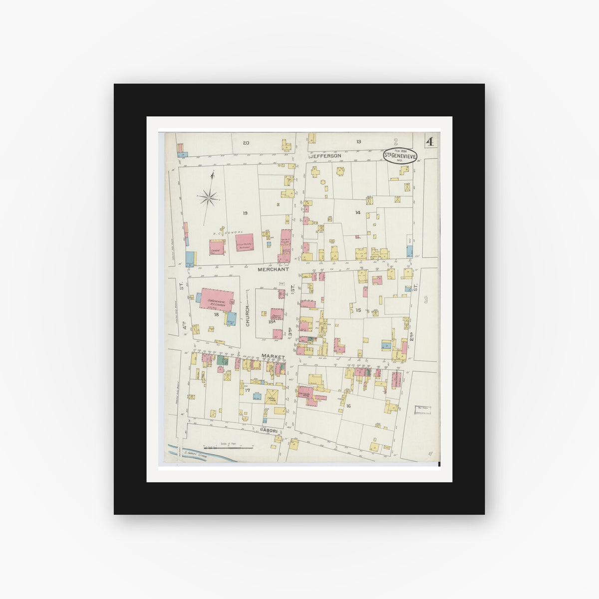 Old map wall art mockup — black gallery frame with white mat — Sanborn Fire Insurance Map from Sainte Genevieve, Saint Genevieve County, Missouri (1894), Sheet #0004