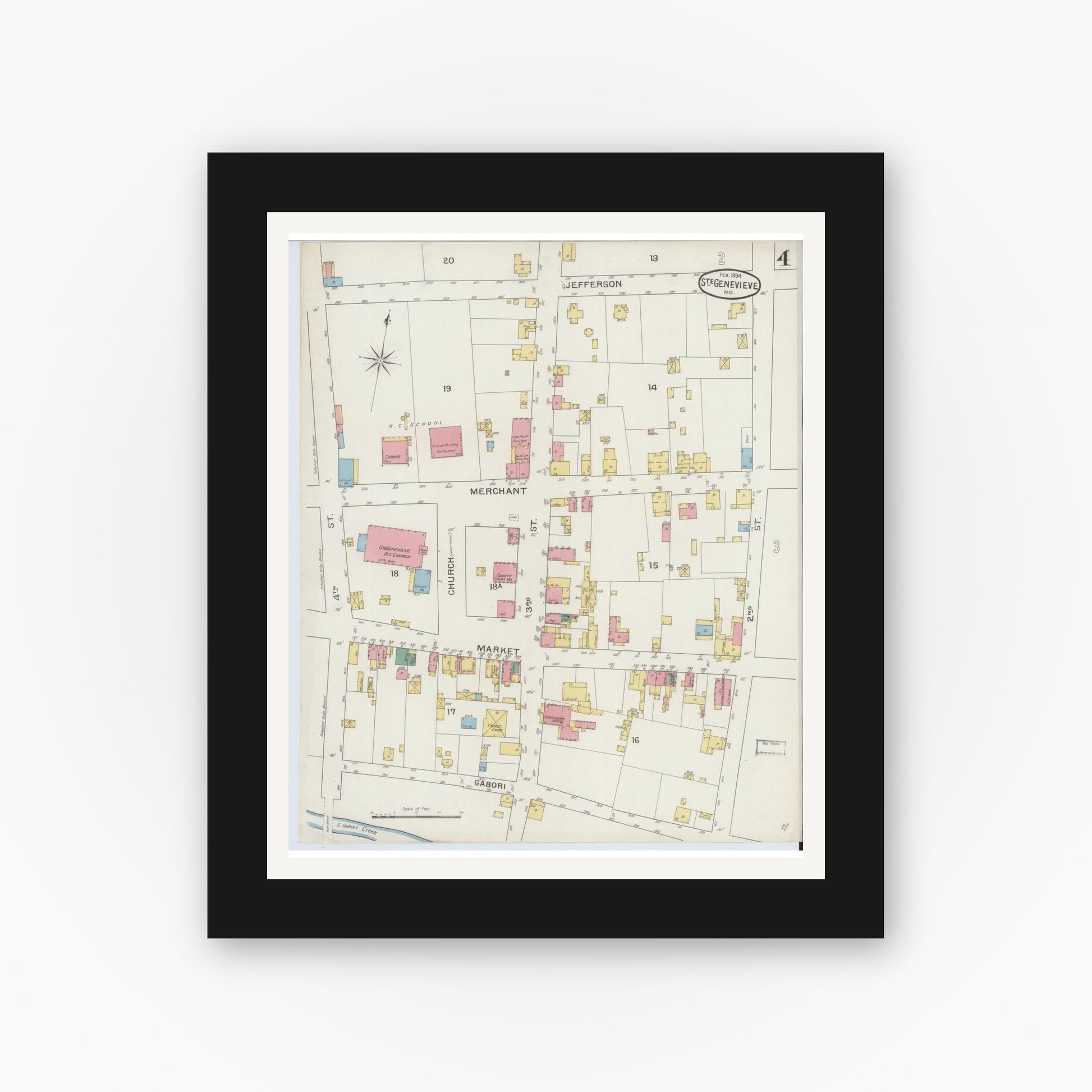 Old map wall art mockup — black gallery frame with white mat — Sanborn Fire Insurance Map from Sainte Genevieve, Saint Genevieve County, Missouri (1894), Sheet #0004