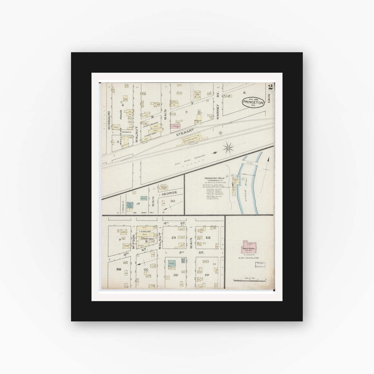 Old map wall art mockup — black gallery frame with white mat — Sanborn Fire Insurance Map from Princeton, Mercer County, Missouri (1886), Sheet #0002