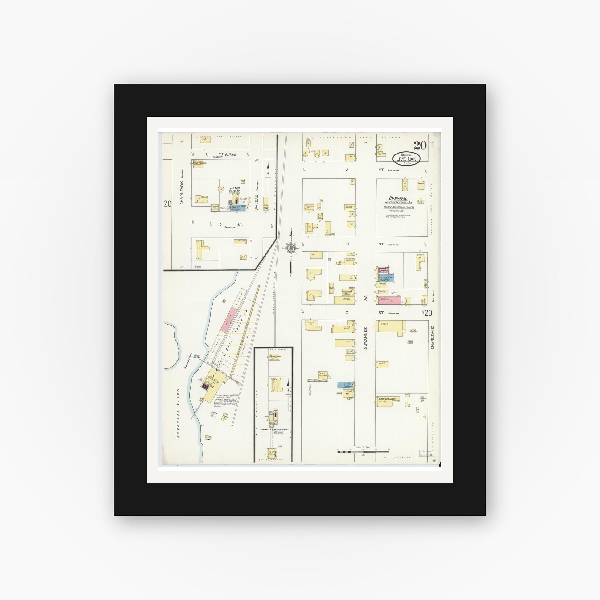 Old map wall art mockup — black gallery frame with white mat — Sanborn Fire Insurance Map from Live Oak, Suwanee County, Florida (1912), Sheet #0020