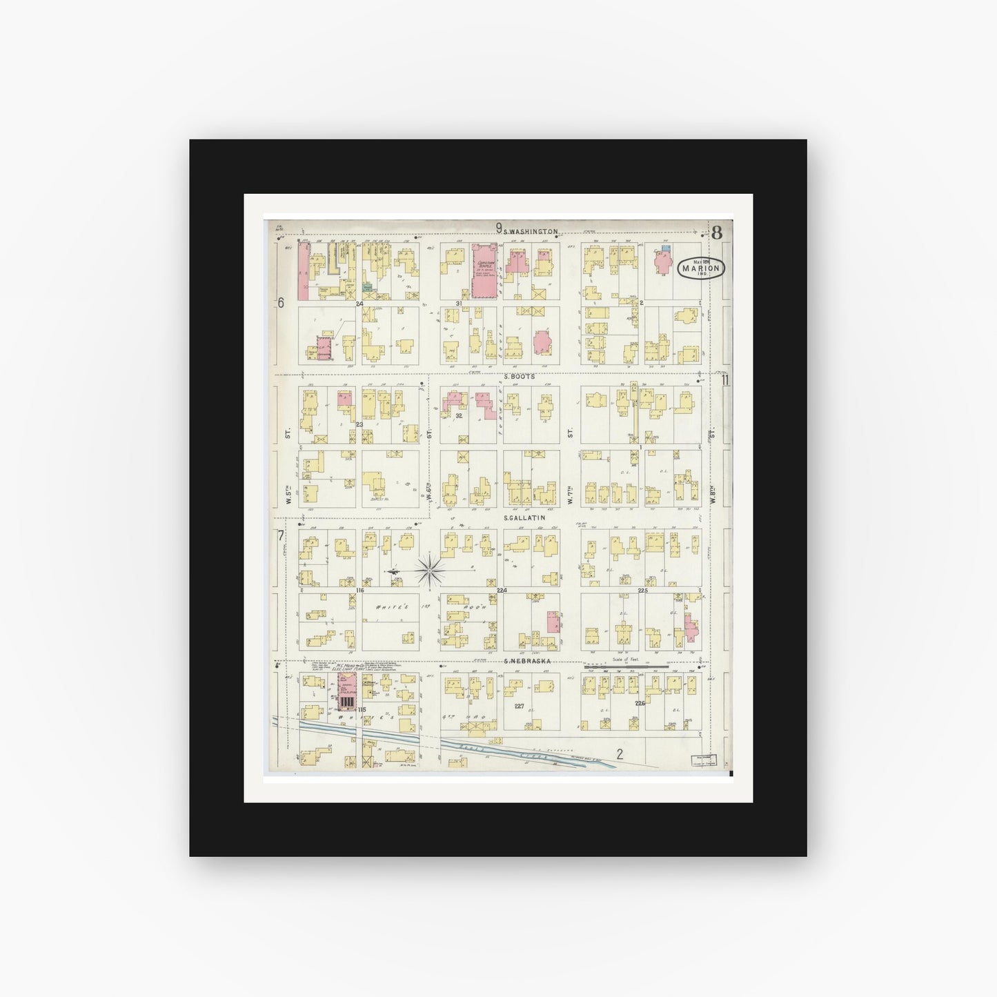 Old map wall art mockup — black gallery frame with white mat — Sanborn Fire Insurance Map from Marion, Grant County, Indiana (1896), Sheet #0008