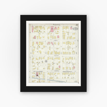 Old map wall art mockup — black gallery frame with white mat — Sanborn Fire Insurance Map from Marion, Grant County, Indiana (1896), Sheet #0008