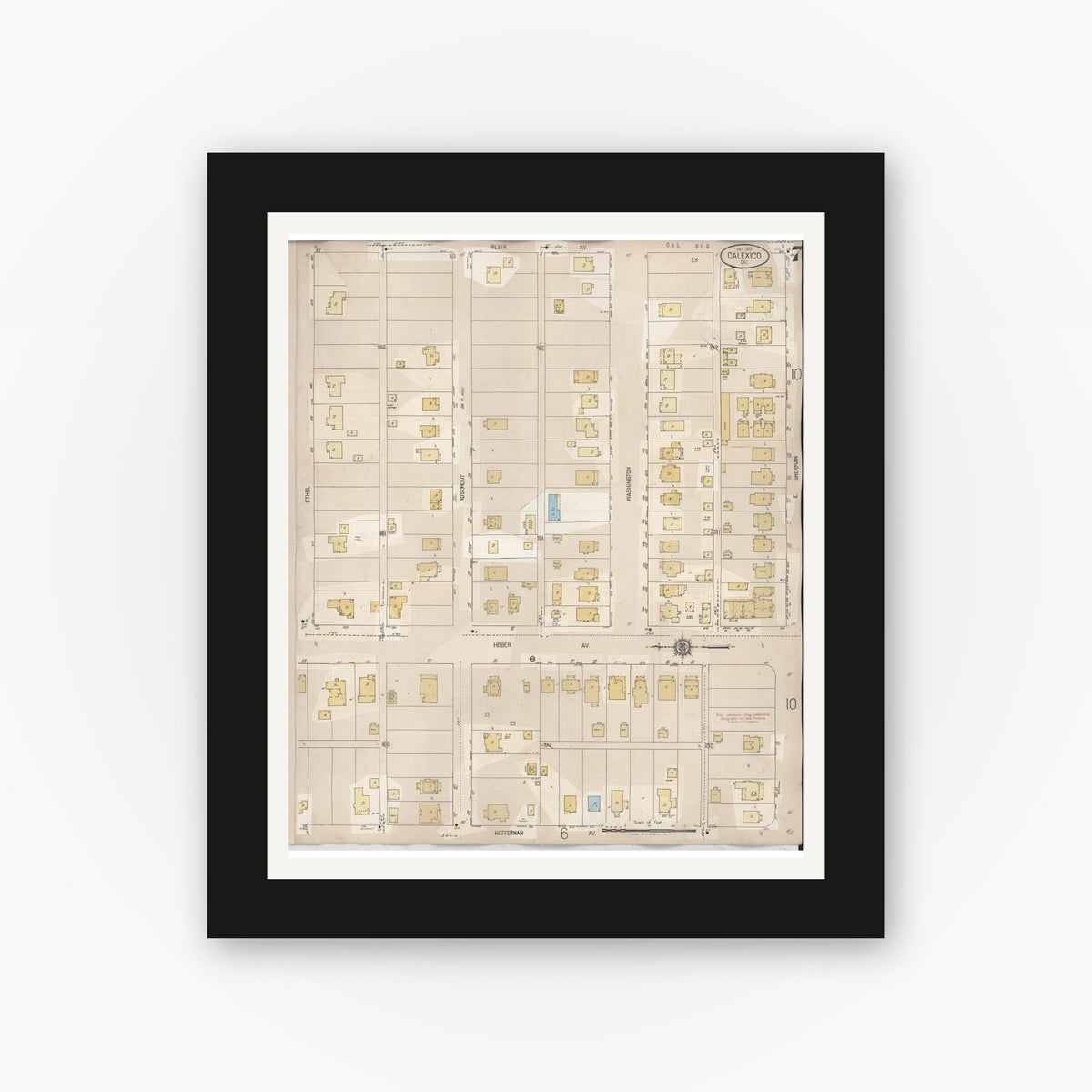 Old map wall art mockup — black gallery frame with white mat — Sanborn Fire Insurance Map from Calexico, Imperial County, California (1949), Sheet #0007