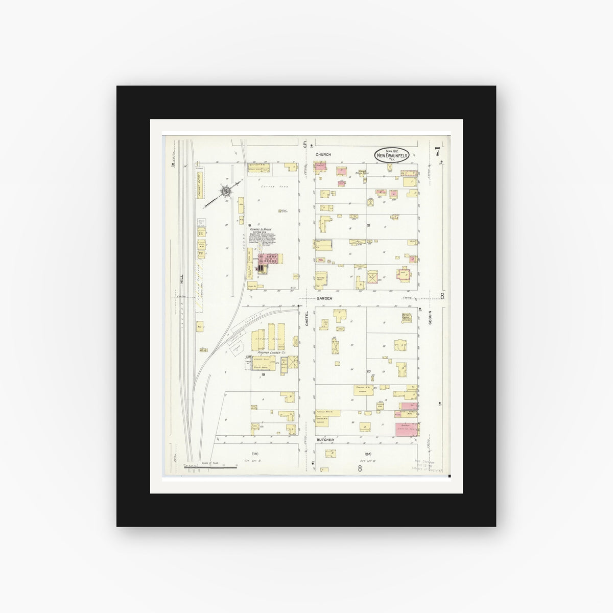 Old map wall art mockup — black gallery frame with white mat — Sanborn Fire Insurance Map from New Braunfels, Comal County, Texas (1912), Sheet #0007