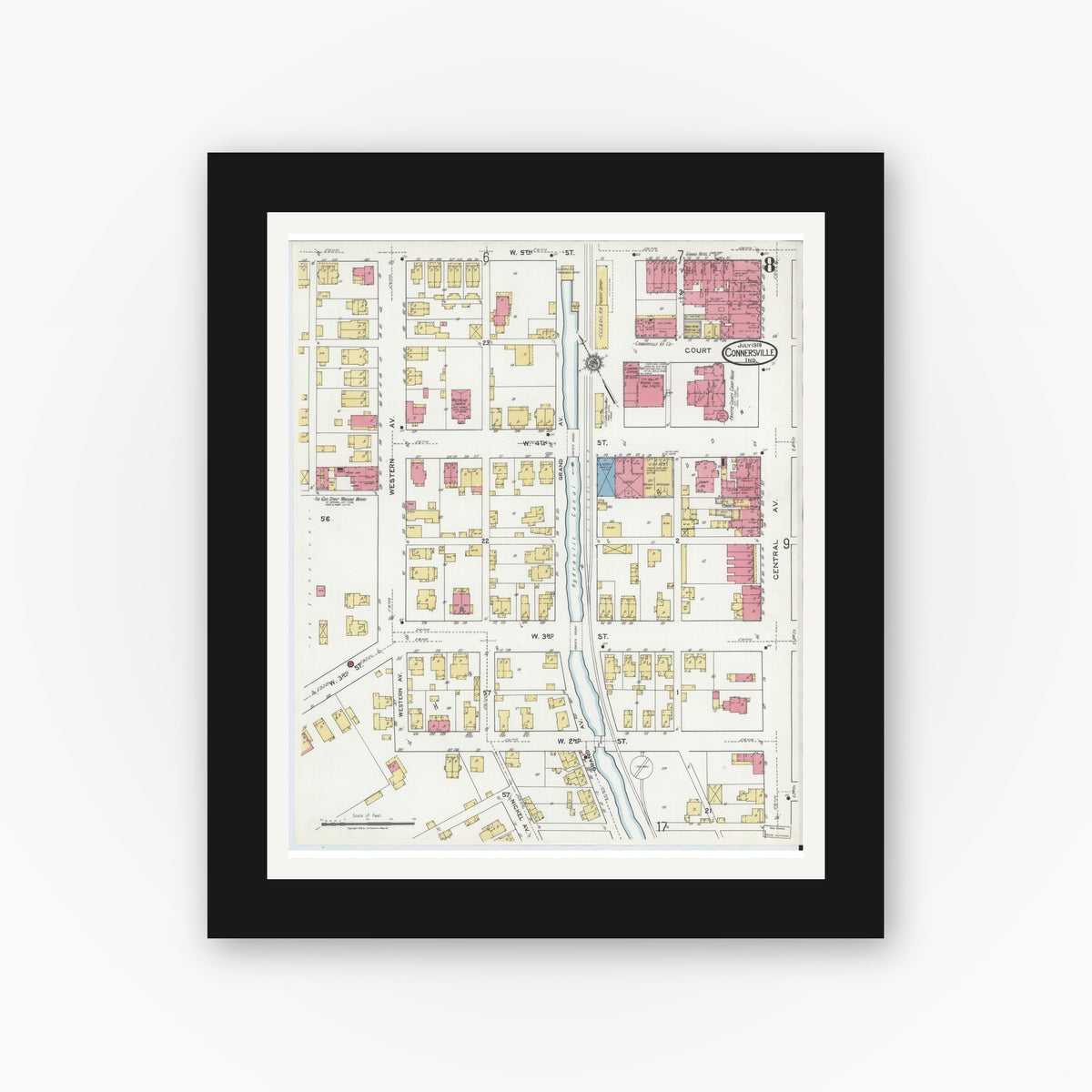 Old map wall art mockup — black gallery frame with white mat — Sanborn Fire Insurance Map from Connersville, Fayette County, Indiana (1919), Sheet #0008