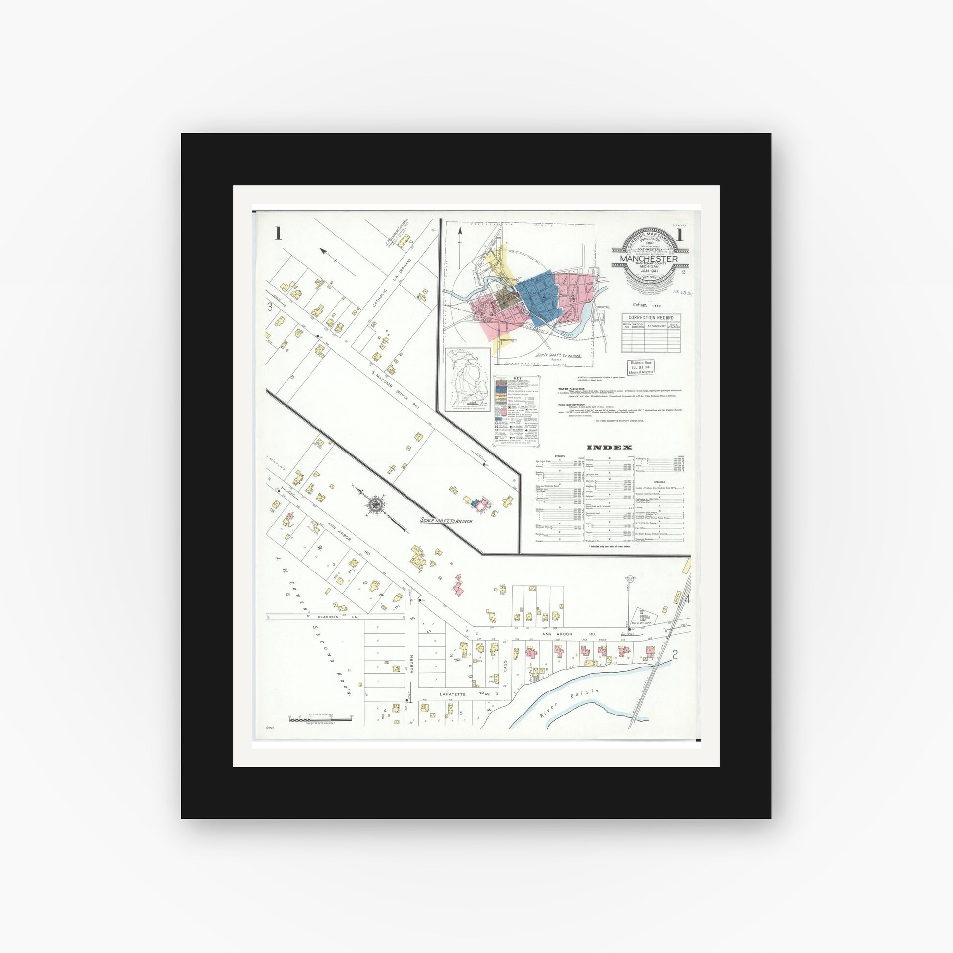 Old map wall art mockup — black gallery frame with white mat — Sanborn Fire Insurance Map from Manchester, Washtenaw County, Michigan (1941) - Complete Map Set