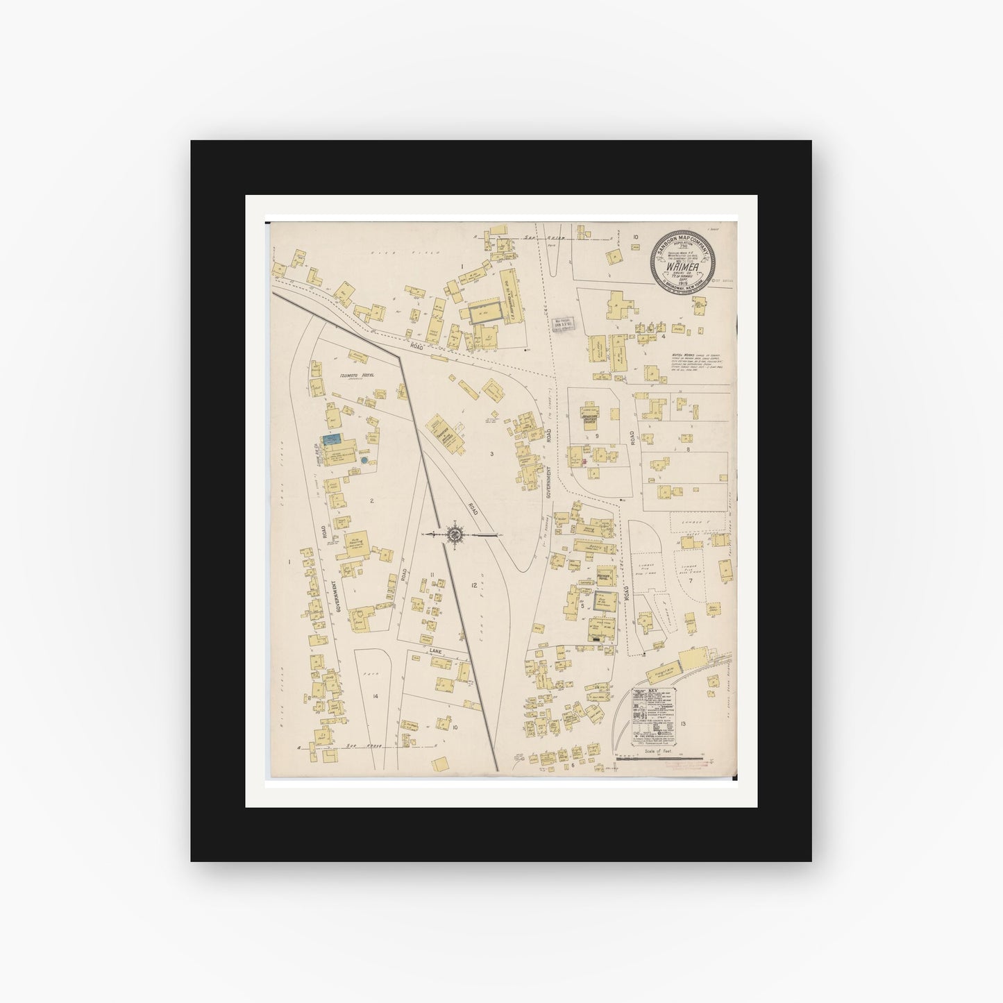 Old map wall art mockup — black gallery frame with white mat — Sanborn Fire Insurance Map from Waimea, Kauai County, Hawaii (1919), Sheet #0001