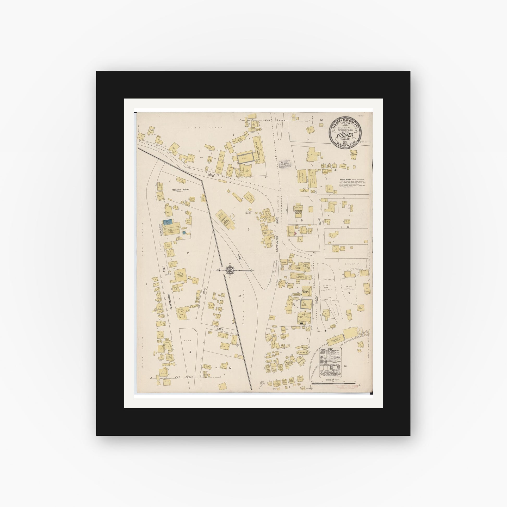 Old map wall art mockup — black gallery frame with white mat — Sanborn Fire Insurance Map from Waimea, Kauai County, Hawaii (1919), Sheet #0001