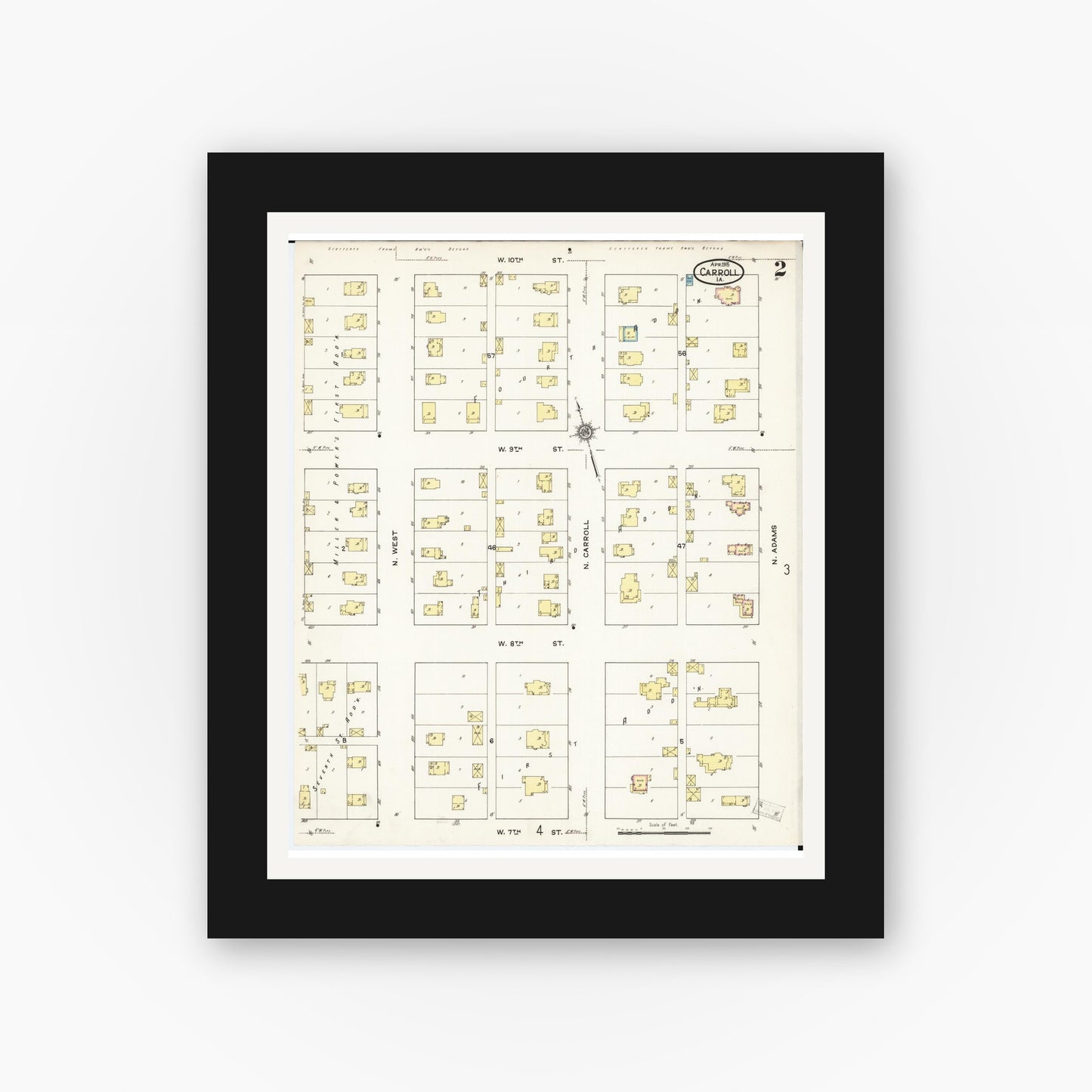 Old map wall art mockup — black gallery frame with white mat — Sanborn Fire Insurance Map from Carroll, Carroll County, Iowa (1915), Sheet #0002