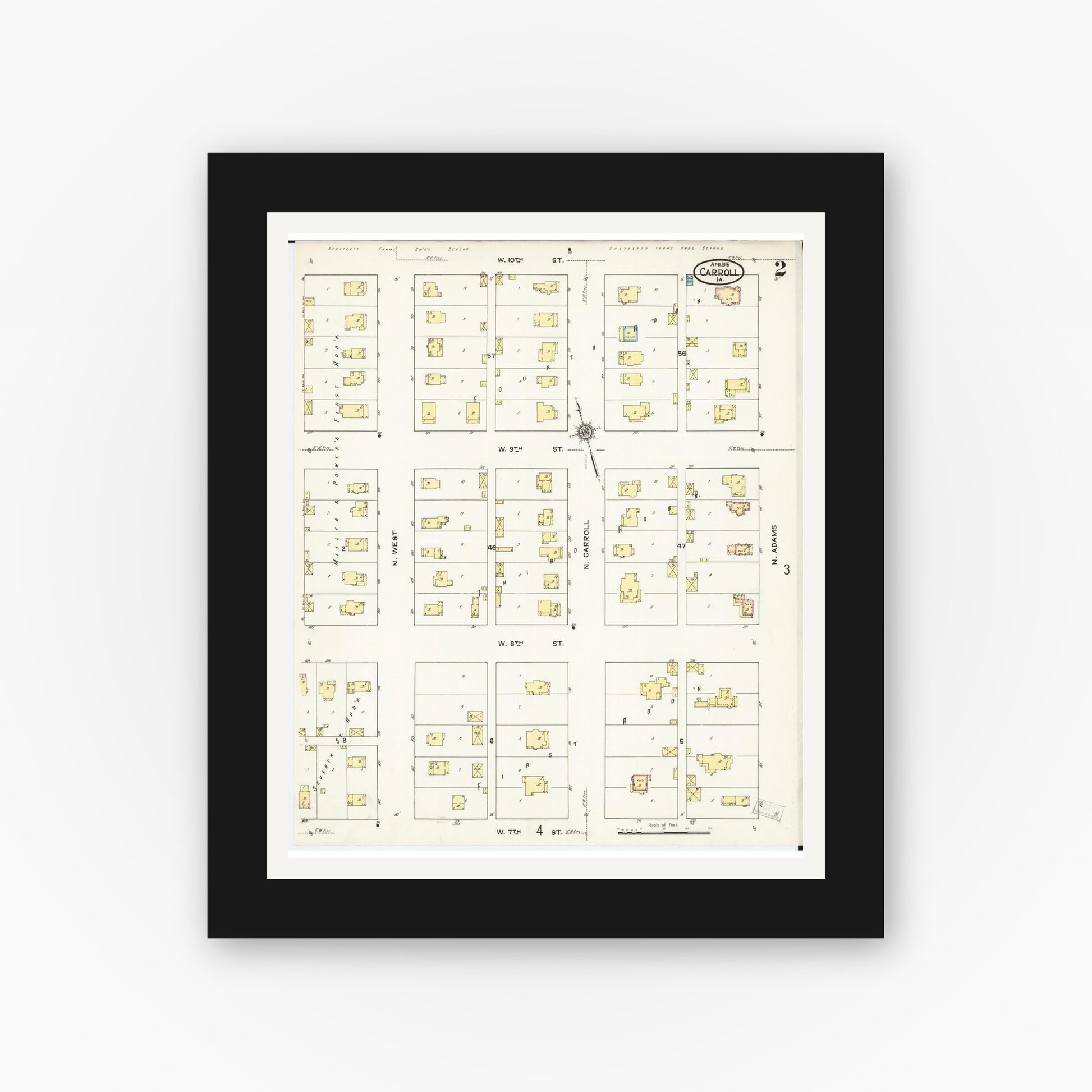 Old map wall art mockup — black gallery frame with white mat — Sanborn Fire Insurance Map from Carroll, Carroll County, Iowa (1915), Sheet #0002