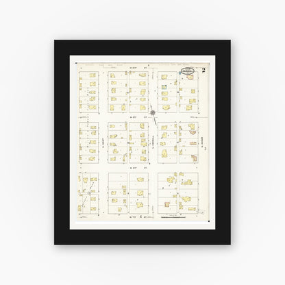 Old map wall art mockup — black gallery frame with white mat — Sanborn Fire Insurance Map from Carroll, Carroll County, Iowa (1915), Sheet #0002