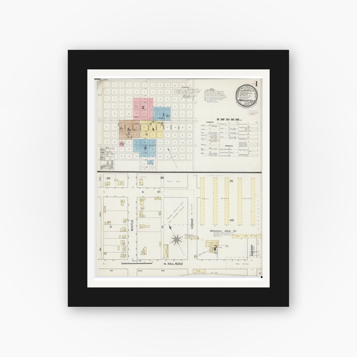 Old map wall art mockup — black gallery frame with white mat — Sanborn Fire Insurance Map from Marshfield, Wood County, Wisconsin (1887), Sheet #0001