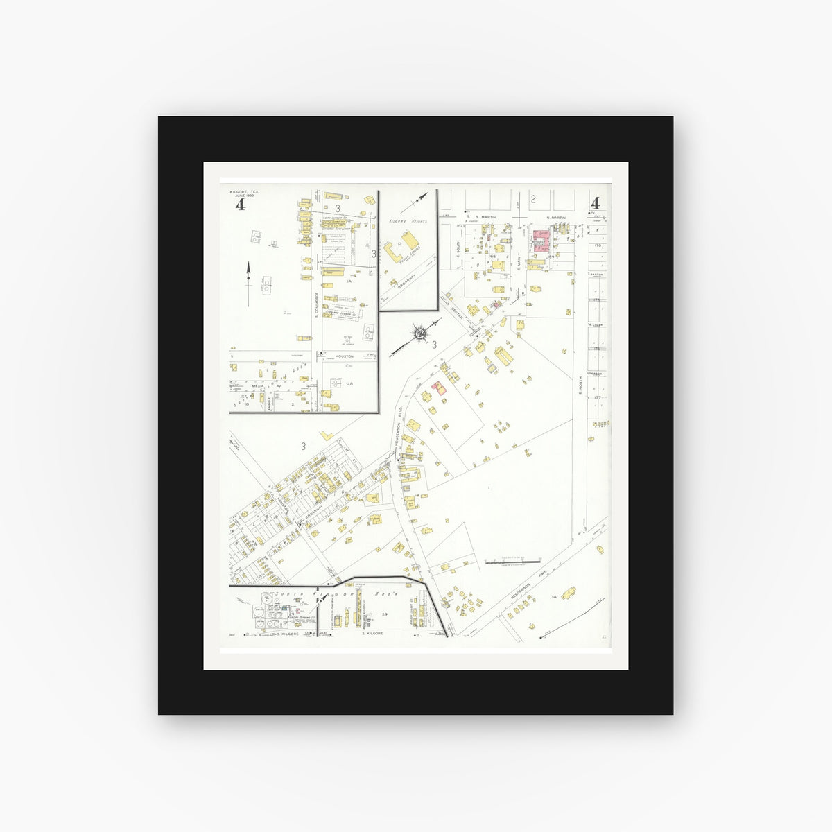 Old map wall art mockup — black gallery frame with white mat — Sanborn Fire Insurance Map from Kilgore, Gregg County, Texas (1932), Sheet #0004