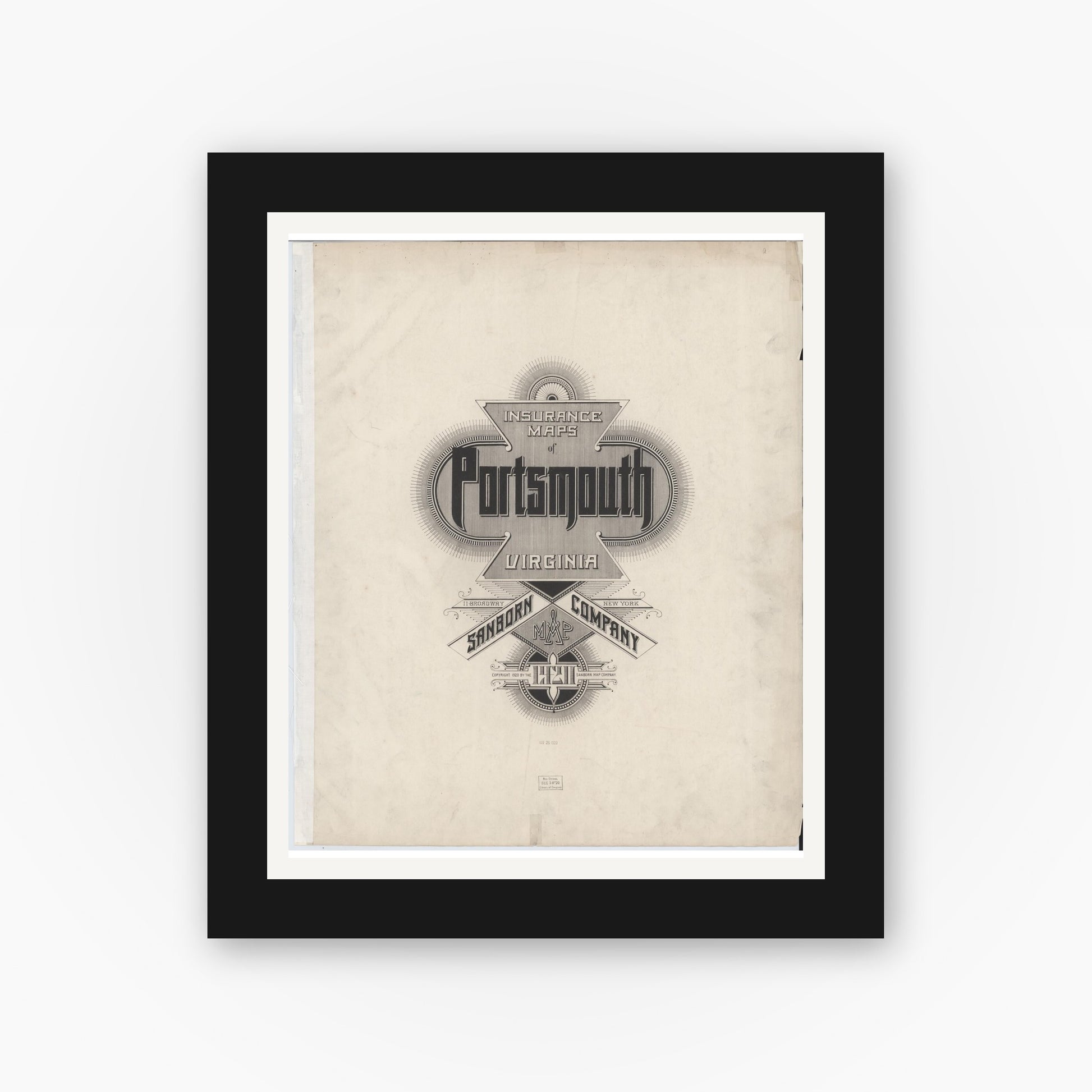 Old map wall art mockup — black gallery frame with white mat — Sanborn Fire Insurance Map from Portsmouth, Independent Cities, Virginia (1920), Sheet #0001