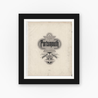Old map wall art mockup — black gallery frame with white mat — Sanborn Fire Insurance Map from Portsmouth, Independent Cities, Virginia (1920), Sheet #0001