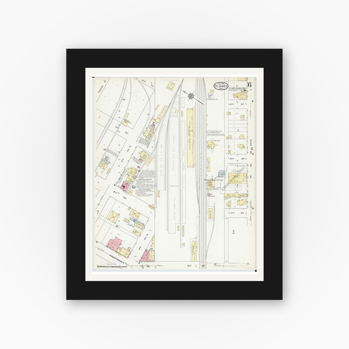 Old map wall art mockup — black gallery frame with white mat — Sanborn Fire Insurance Map from Saint James, Watonwan County, Minnesota (1914), Sheet #0006