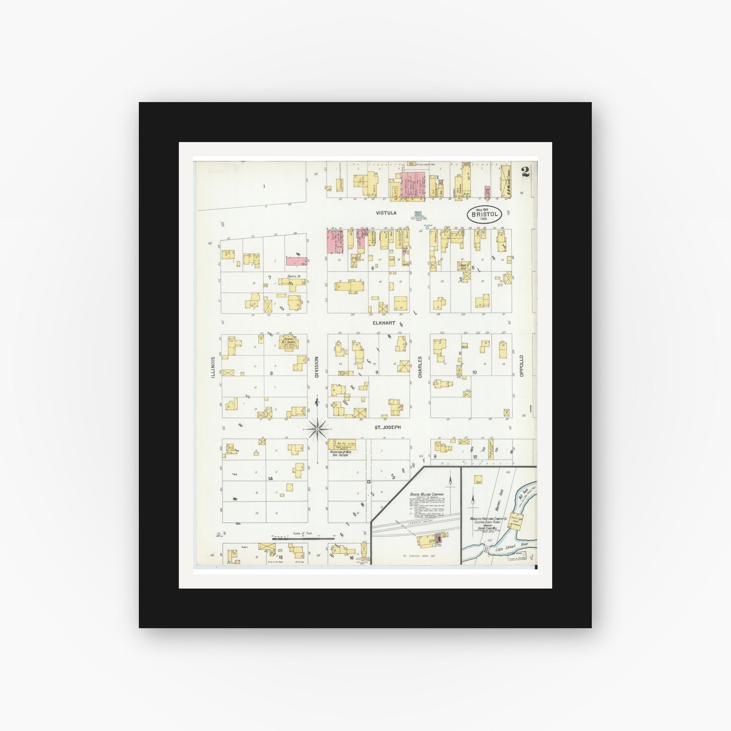 Old map wall art mockup — black gallery frame with white mat — Sanborn Fire Insurance Map from Bristol, Elkhart County, Indiana (1901), Sheet #0002