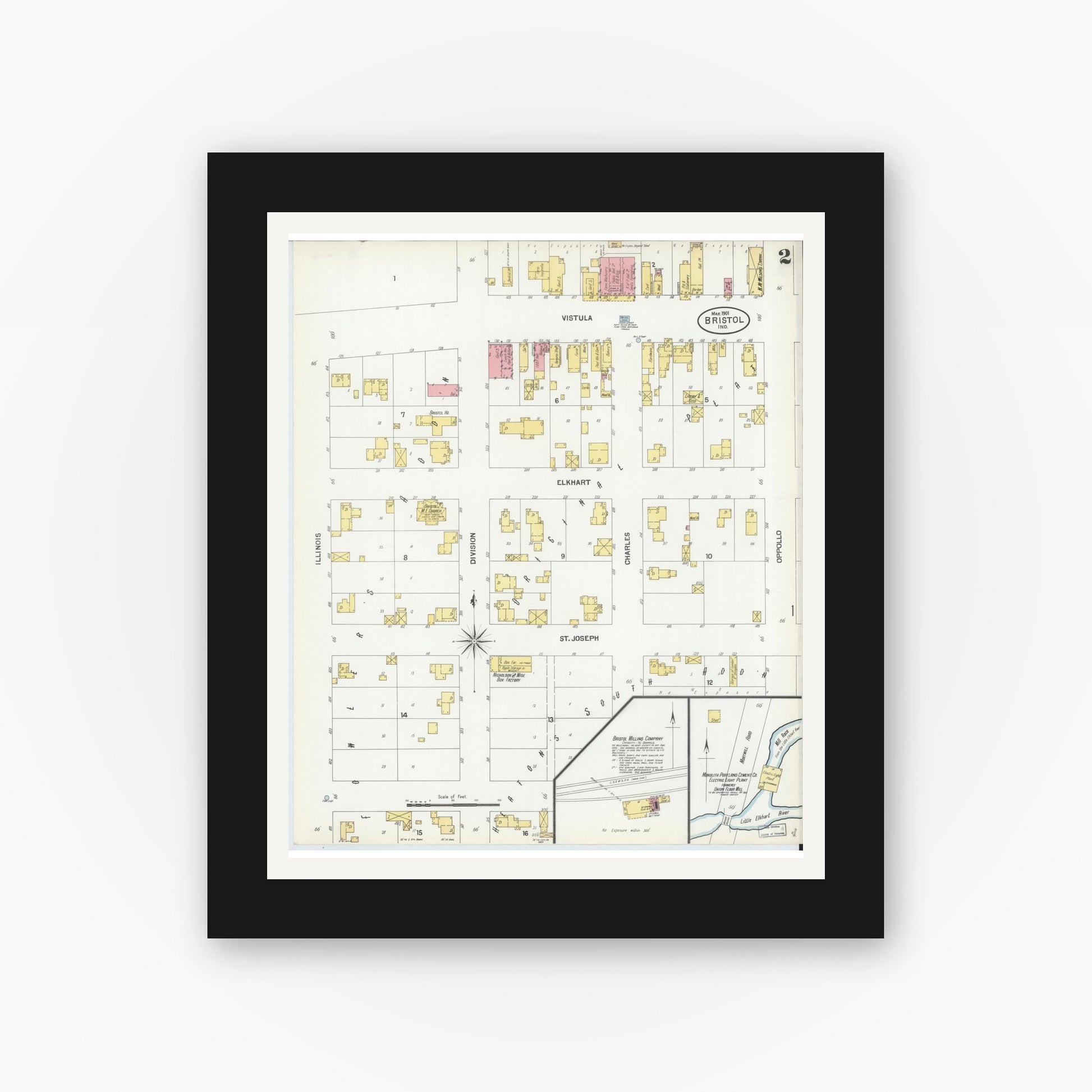 Old map wall art mockup — black gallery frame with white mat — Sanborn Fire Insurance Map from Bristol, Elkhart County, Indiana (1901), Sheet #0002