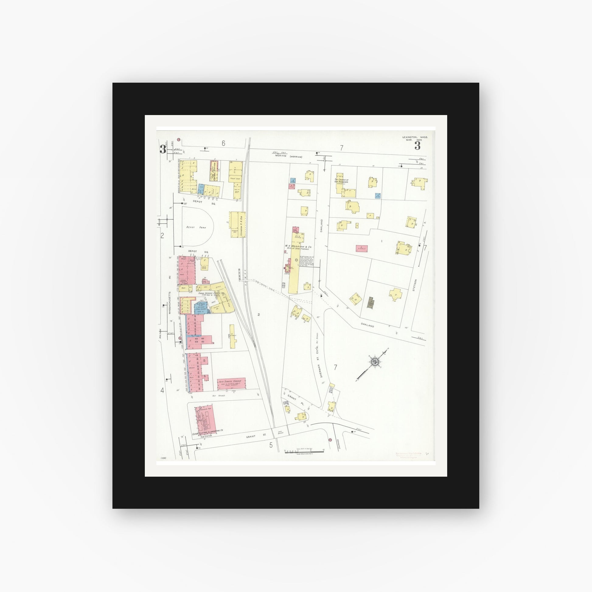 Old map wall art mockup — black gallery frame with white mat — Sanborn Fire Insurance Map from Lexington, Middlesex County, Massachusetts (1935), Sheet #0003