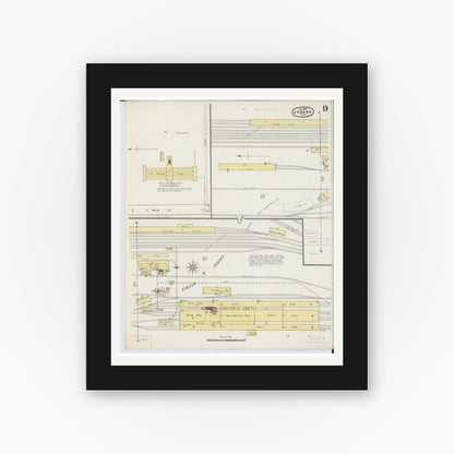 Old map wall art mockup — black gallery frame with white mat — Sanborn Fire Insurance Map from Urbana, Champaign County, Ohio (1895), Sheet #0009