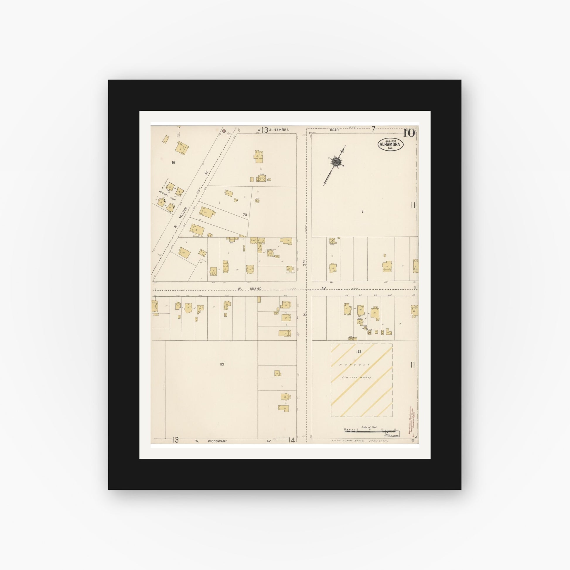 Old map wall art mockup — black gallery frame with white mat — Sanborn Fire Insurance Map from Alhambra, Los Angeles County, California (1912), Sheet #0010