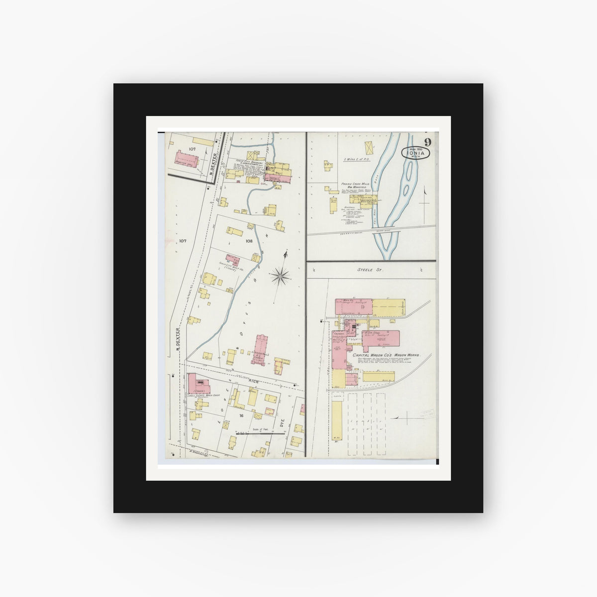 Old map wall art mockup — black gallery frame with white mat — Sanborn Fire Insurance Map from Ionia, Ionia County, Michigan (1895), Sheet #0009