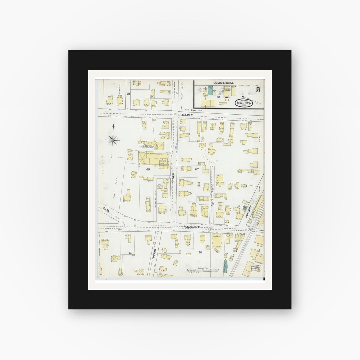 Old map wall art mockup — black gallery frame with white mat — Sanborn Fire Insurance Map from Malden, Middlesex County, Massachusetts (1892), Sheet #0005