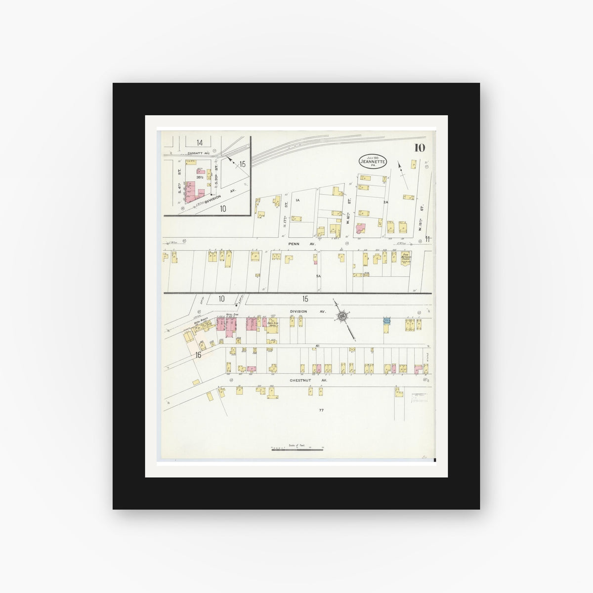 Old map wall art mockup — black gallery frame with white mat — Sanborn Fire Insurance Map from Jeannette, Westmoreland County, Pennsylvania (1910), Sheet #0010