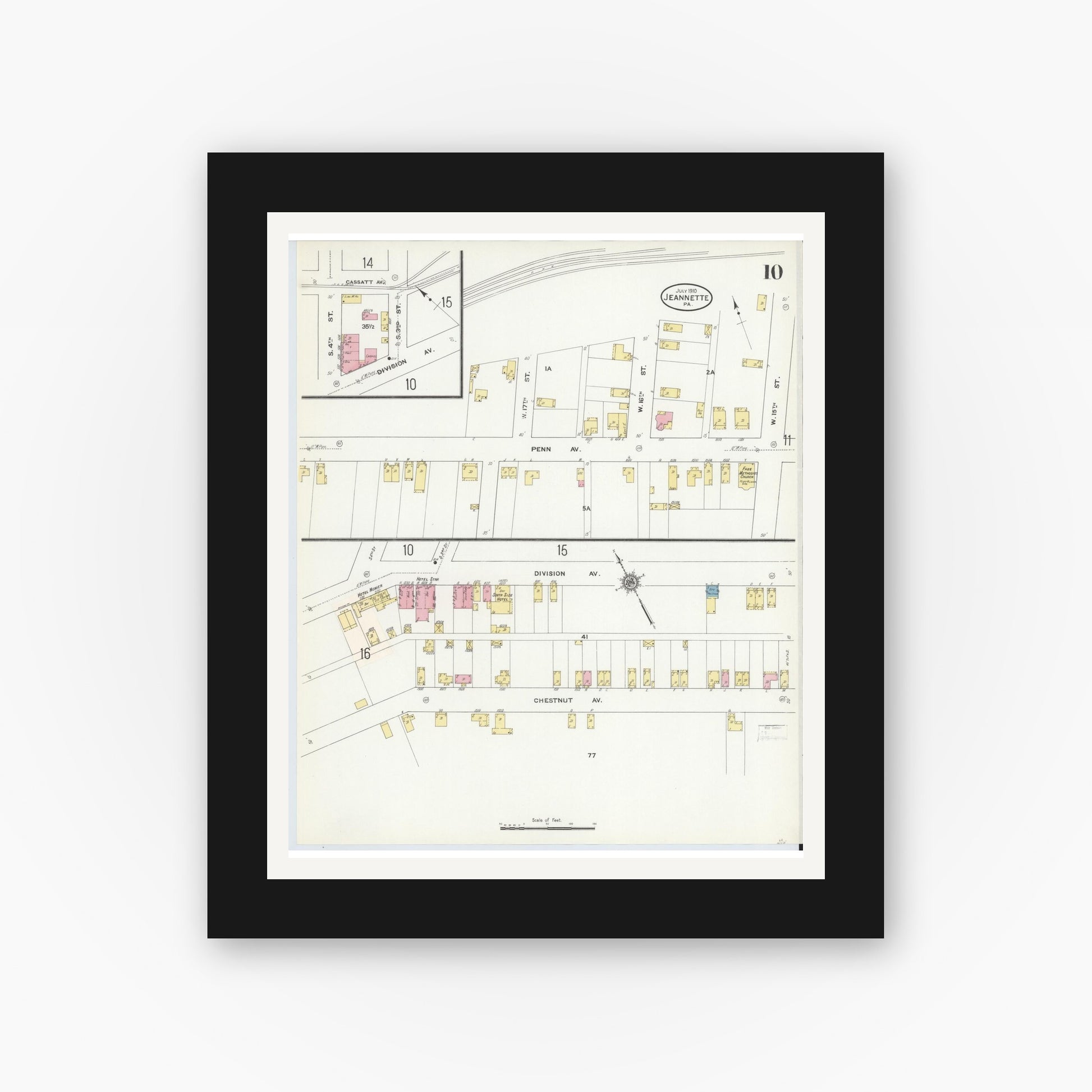 Old map wall art mockup — black gallery frame with white mat — Sanborn Fire Insurance Map from Jeannette, Westmoreland County, Pennsylvania (1910), Sheet #0010