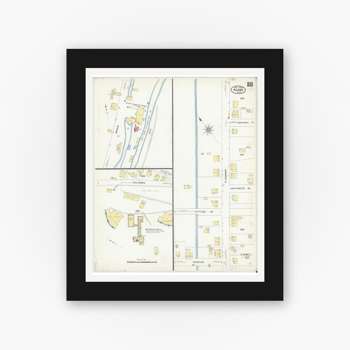 Old map wall art mockup — black gallery frame with white mat — Sanborn Fire Insurance Map from Adams, Berkshire County, Massachusetts (1908), Sheet #0018