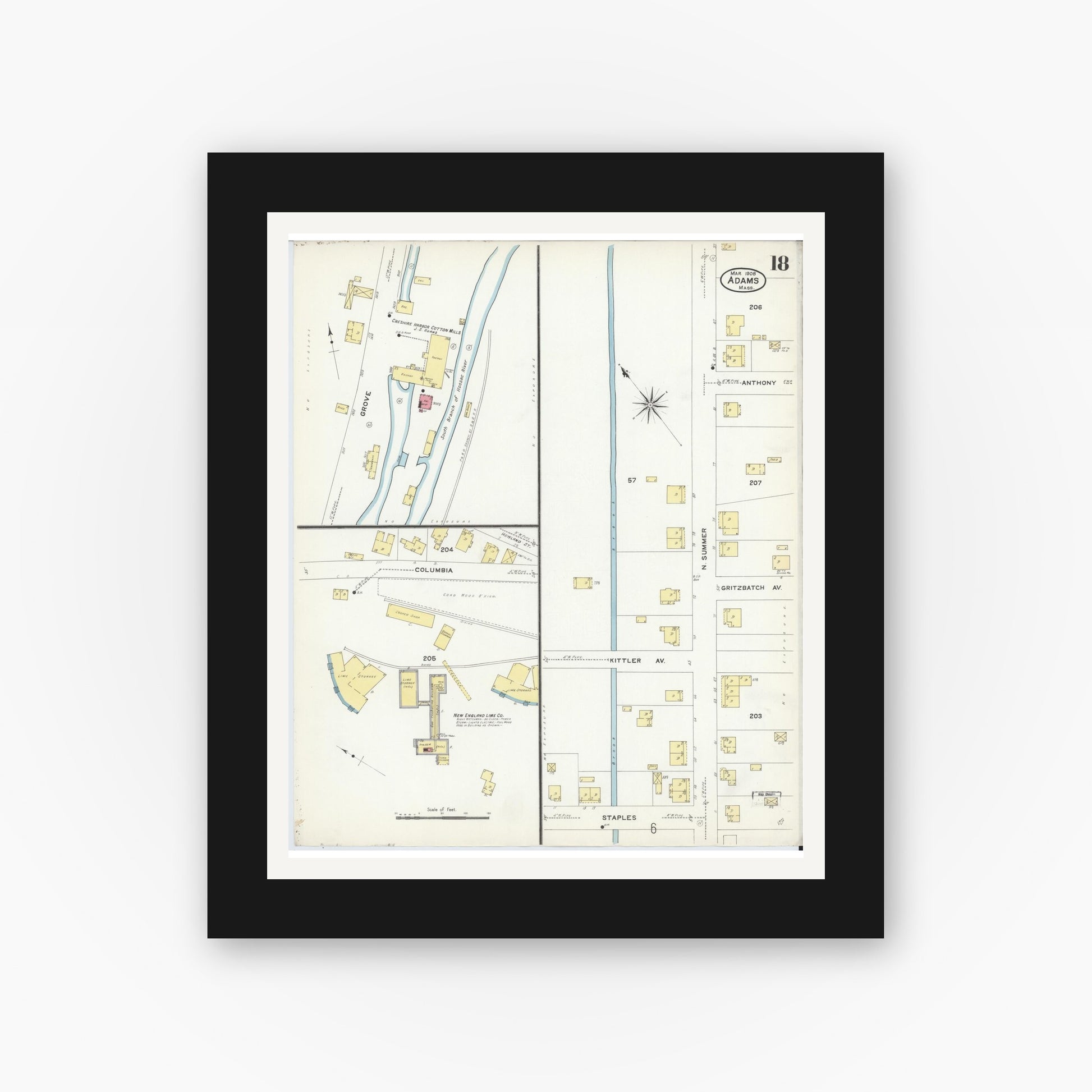 Old map wall art mockup — black gallery frame with white mat — Sanborn Fire Insurance Map from Adams, Berkshire County, Massachusetts (1908), Sheet #0018